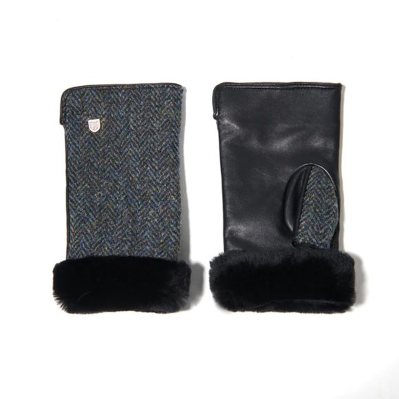 New Fingerless Gloves Harris Tweed® and Leather Fur Black (Scotland) - Picture 1 of 6